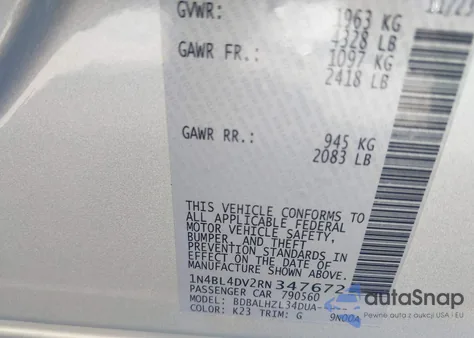 2024 Nissan Altima Sv из США, поврежденный, VIN 1N4BL4DV2RN347672